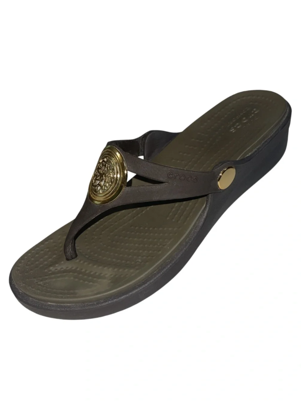 CROCS Sanrah Women Sz 5 Brown Gold Hammered Circle Rings Wedge Sandals Shoes